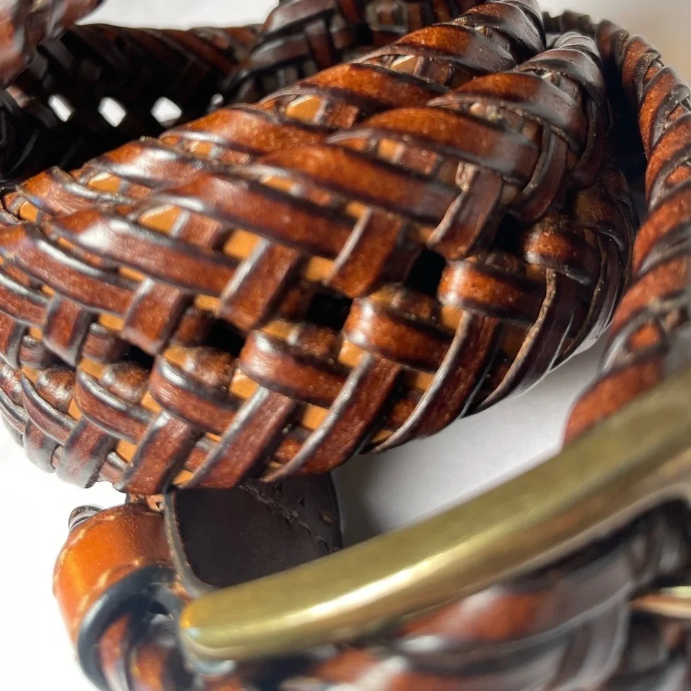 Vintage Braided Woven Brown Genuine Leather Belt Brass Square Buckle Mens Sz 38